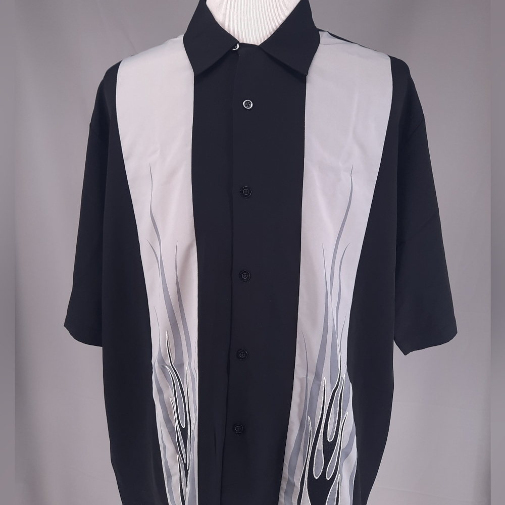 Dragonfly Biker Flames Camp Shirt Men's 2XL Black Gray Polyester XXL